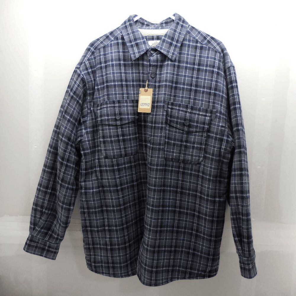 NEW Levi's Mens L Gray Blue Plaid Jacket Sherpa Lined Shacket Button Chore Coat